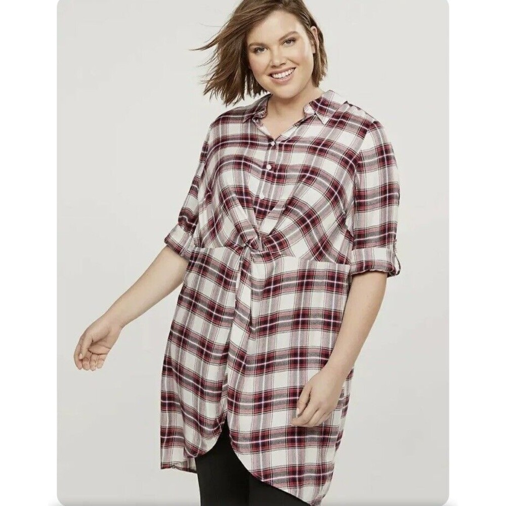 Lane Bryant Twist Front High Lo Tunic Plaid Size 16 100% Rayon
